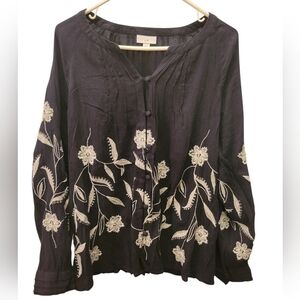 Embroidered J. Jill Dark Blue Blouse with White Floral Embroidery